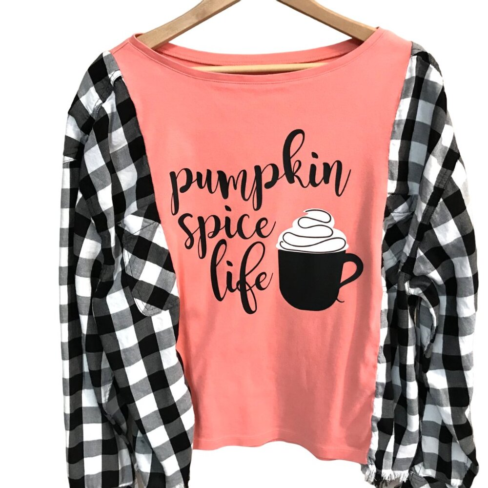 Upcycled Flannel Shirt Oversized Autumn Pumpkin Spice Coffee Graphic Size M-L - Picture 3 of 10